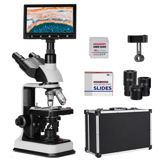 Trinocular Compound Microscope with 7in Screen 40X- 2500X Magnification